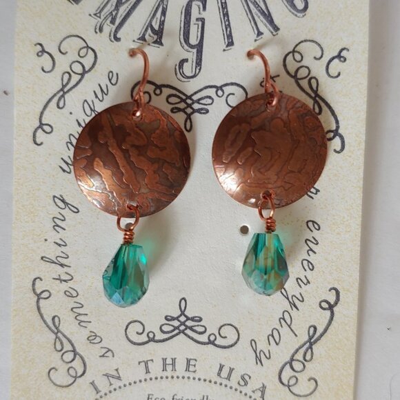 NWT Handmade Cooper Glass Earrings Boho Blue Hill Holiday Gift - Picture 2 of 5